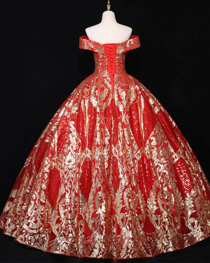 Boule Robe De Bal Rouge Manche Courte Sequin Glitter Brillante Robe Quinceanera Longue Dos Nu Élégant Epaule Dénudée