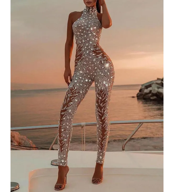 Combinaison pantalon sans manches sexy or renversé