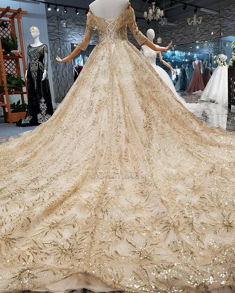Demi Manche Dorée Perlage Avec La Queue Luxe Sequin À Frange Robe De Mariée Dos Nu Décolleté Longue Brillante Élégant