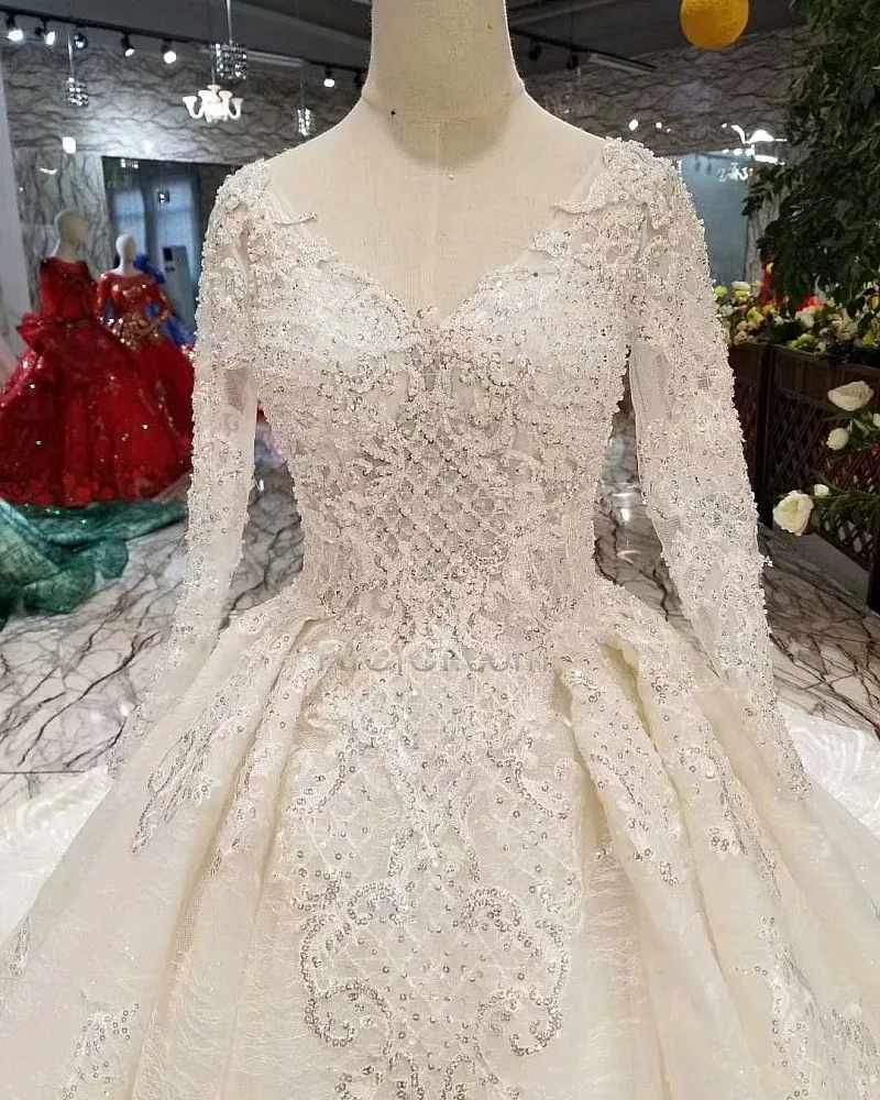 Dentelle Boule Dos Nu Longue Manche Longue Robe De Mariée Sequin Brillante Élégant
