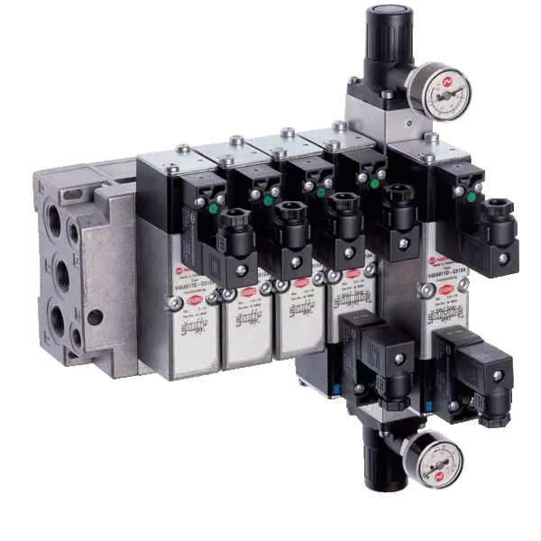 Distributeur ISO-01 série V44/V45 sur embase ISO 15407-1/VDMA 24563, 26 mm, commande électropneumatique équipé avec pilote
