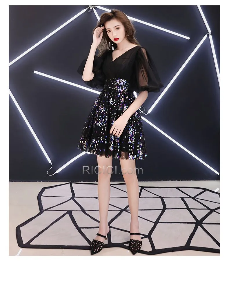 Décolleté Mini Volantée Tulle Noir Scintillante Robe Cocktail Demi Manche Sequin