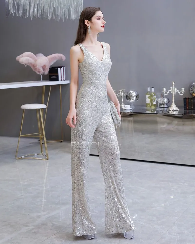 Longue Dos Nu Décolleté Sans Manches Combinaison De Soiré Argenté Sequin