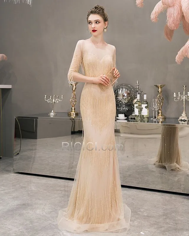 Longue Robe De Soirée Sequin Perlage Robe De Ceremonie Droite Demi Manche Champagne Boho