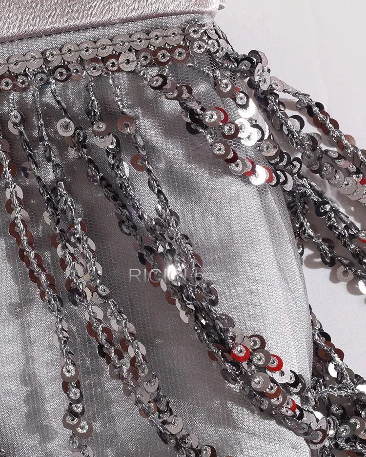 Manche Courte Dos Nu À Frange Grise Robe Gala Epaule Dénudée Satin Organza Robe De Soirée Scintillante Élégant Longue Sequin