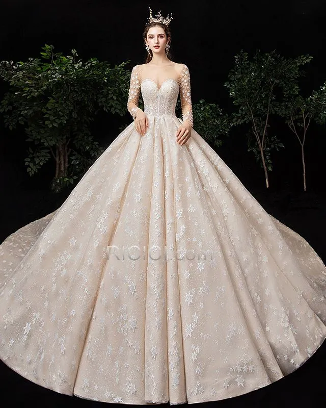 Manche Longue Dos Nu Perlage Scintillante Robe De Mariée Luxe Sequin