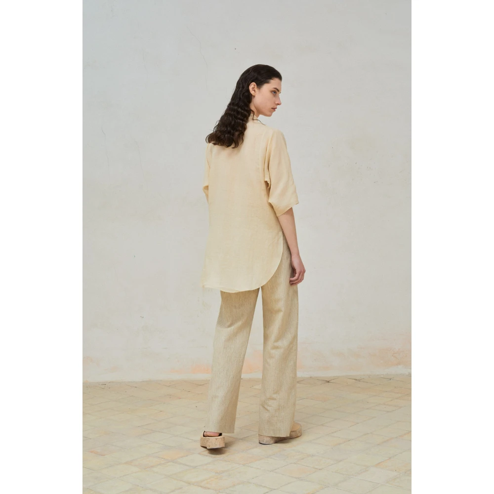 Pantalon Beige Laine Lin Taille Haute