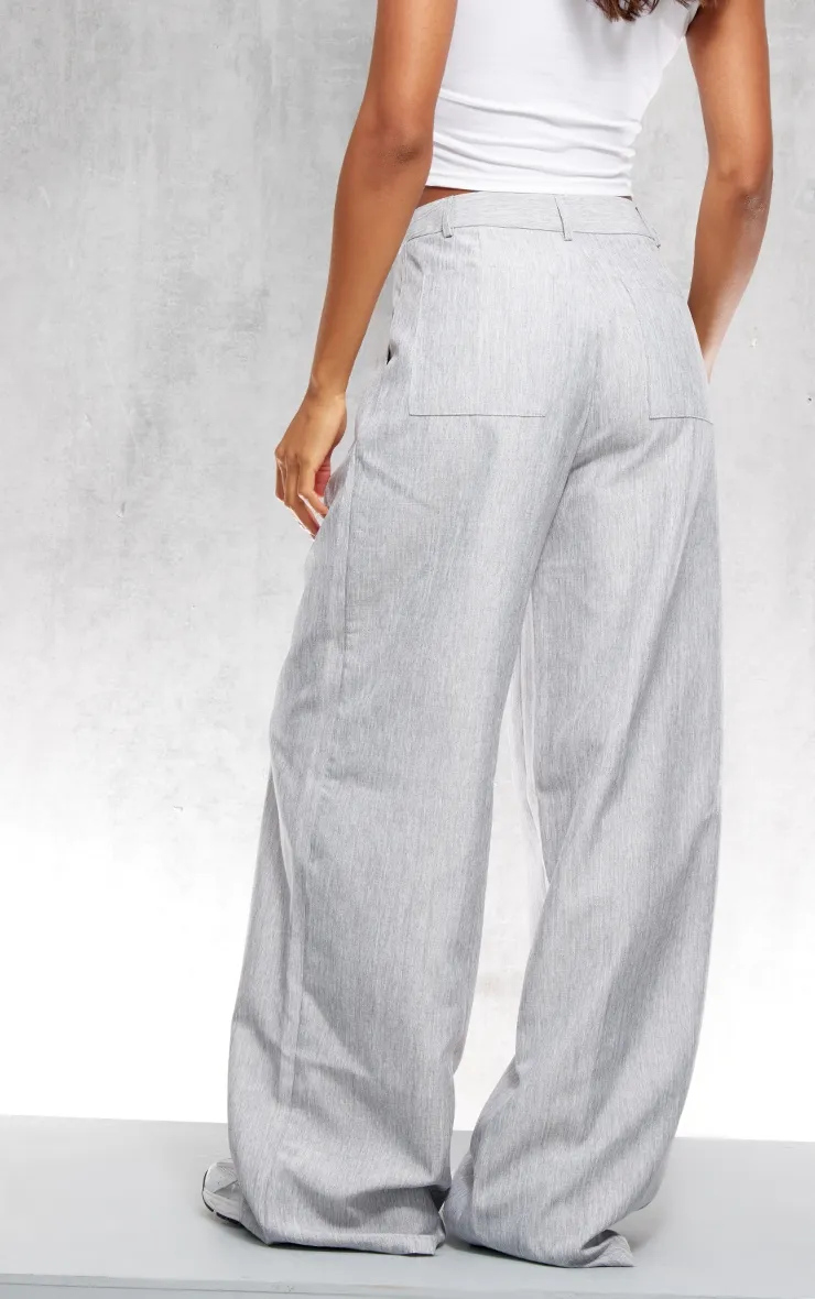 Pantalon de tailleur large gris effet lin tissé à taille haute