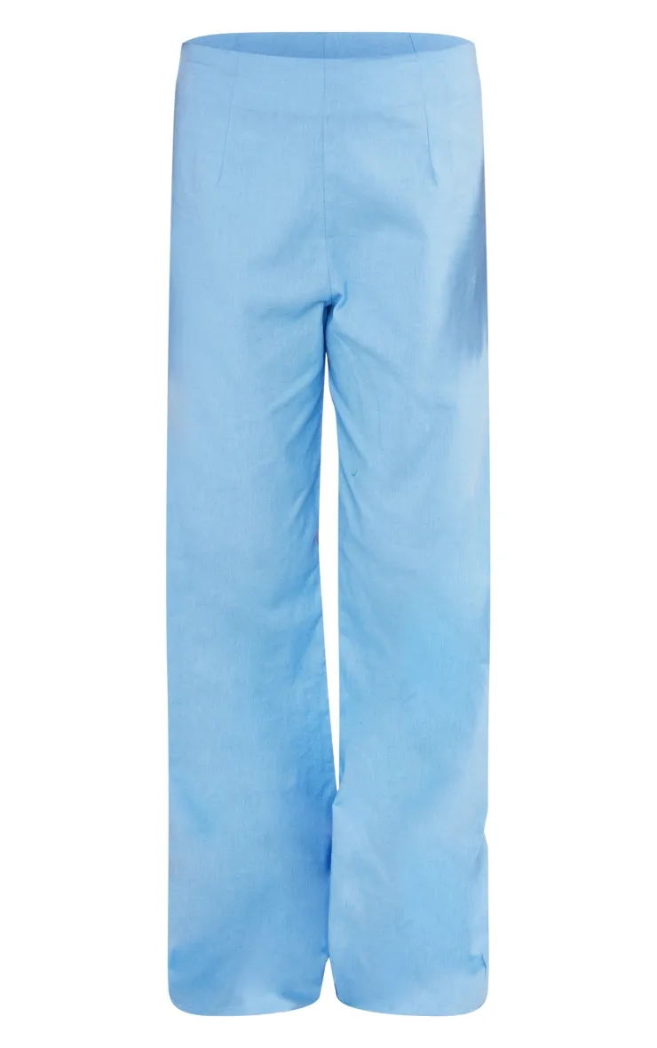Pantalon droit en effet lin bleuet