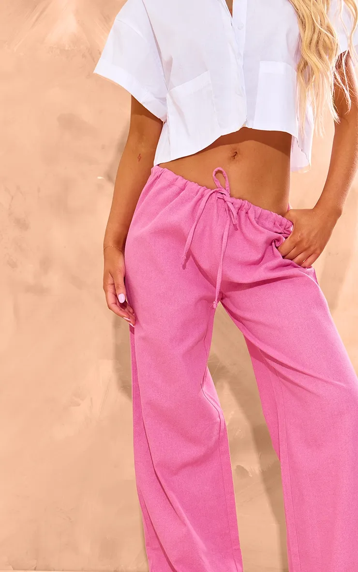 Pantalon effet lin rose vif structurant à cordons ajustables élastiques