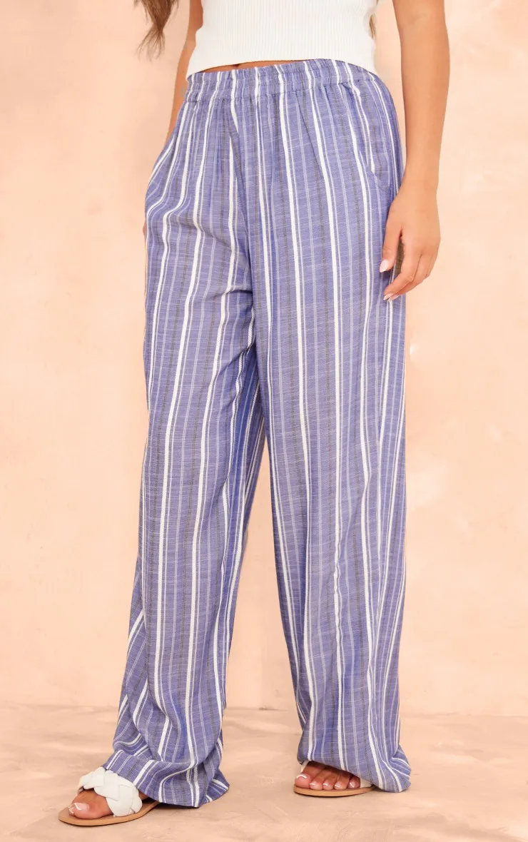 Pantalon en effet lin finement rayé bleu foncé à taille élastifiée