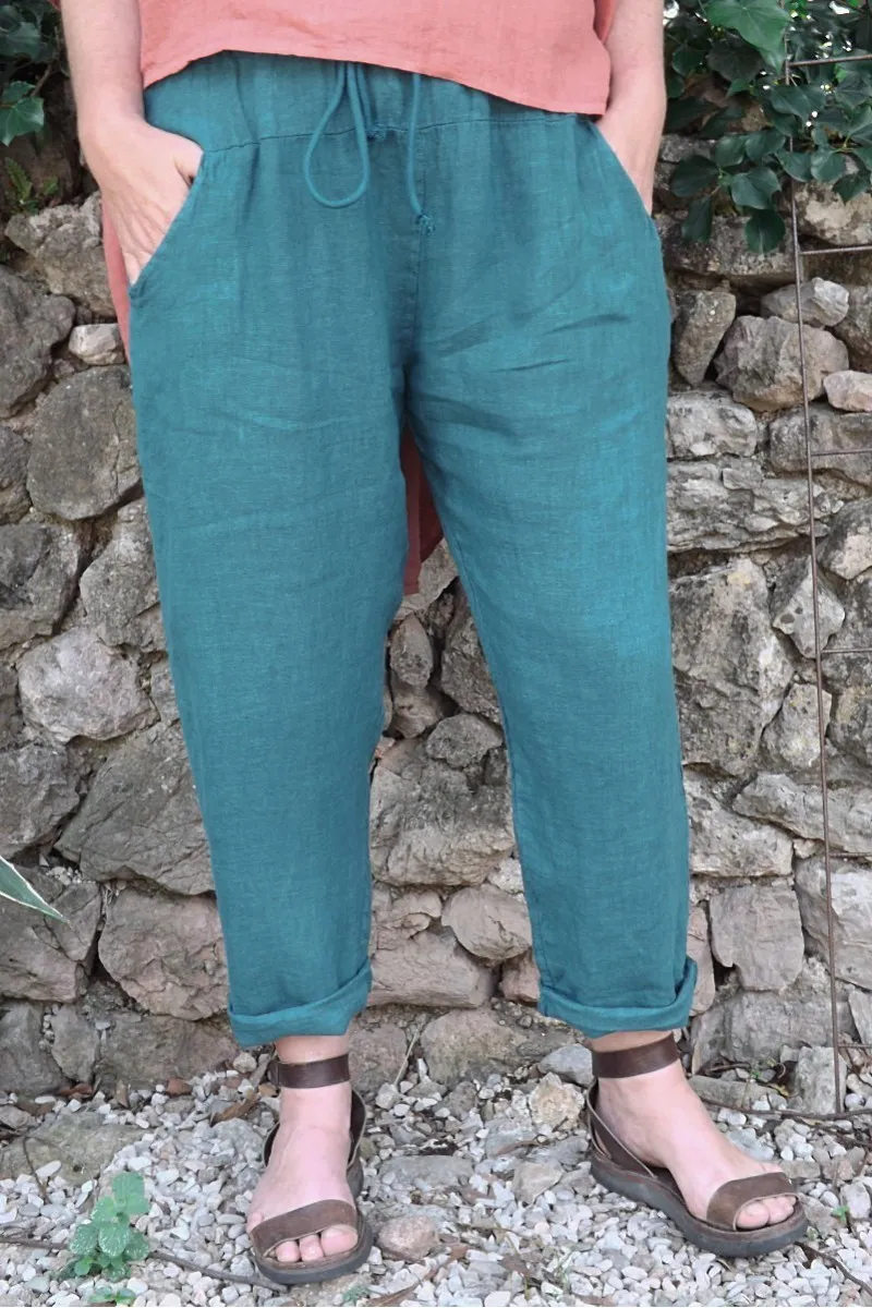 Pantalon en lin grande taille bleu canard