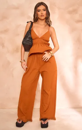 Pantalon large effet lin café au lait clair à ourlets fendus