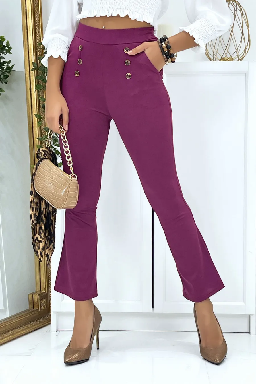 Pantalon patte d'eph lilas avec boutons et poches