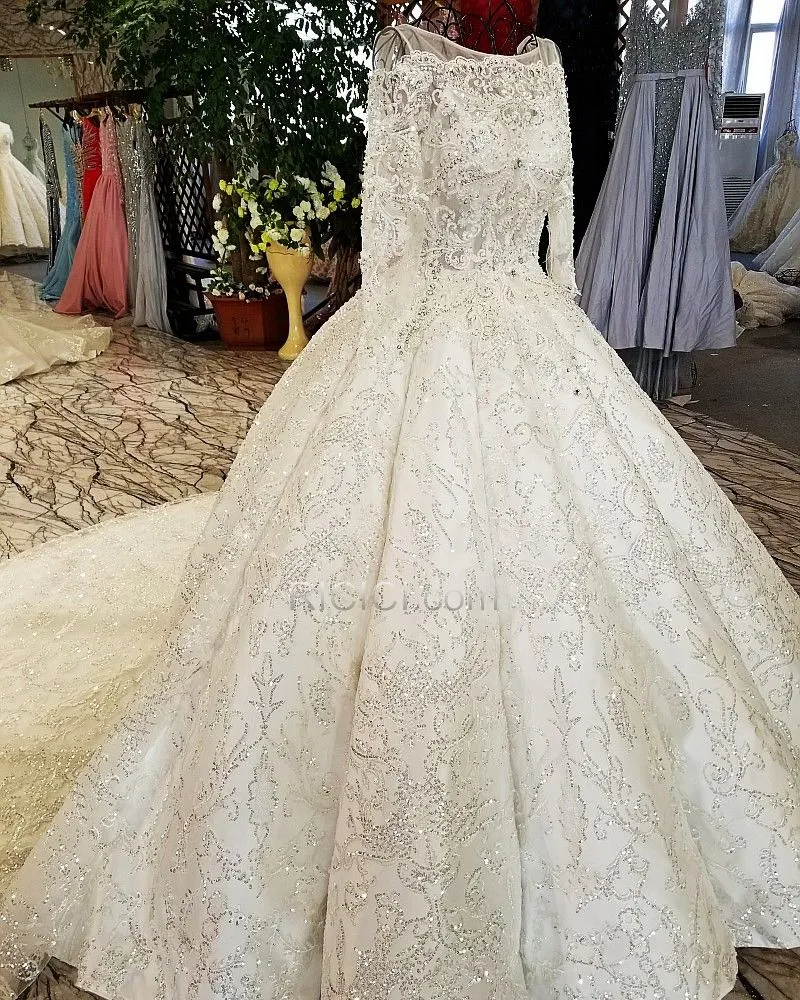 Perlage Manche Longue Robe De Mariée Dos Nu Dentelle Sequin Boule Scintillante Appliques