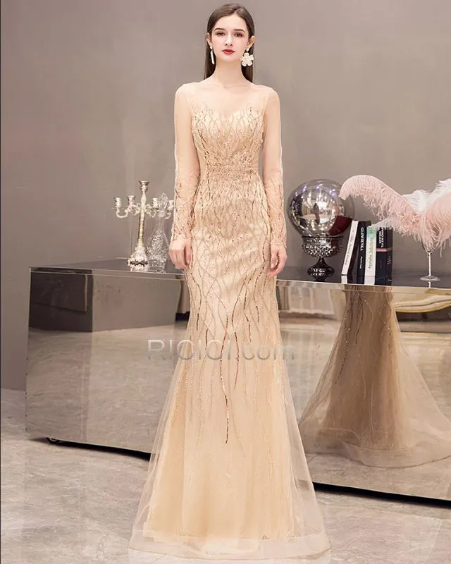 Perlage Sirène Robe Pour Nouvel An Manche Longue Longue Sequin Dorée Scintillante Robe De Soirée