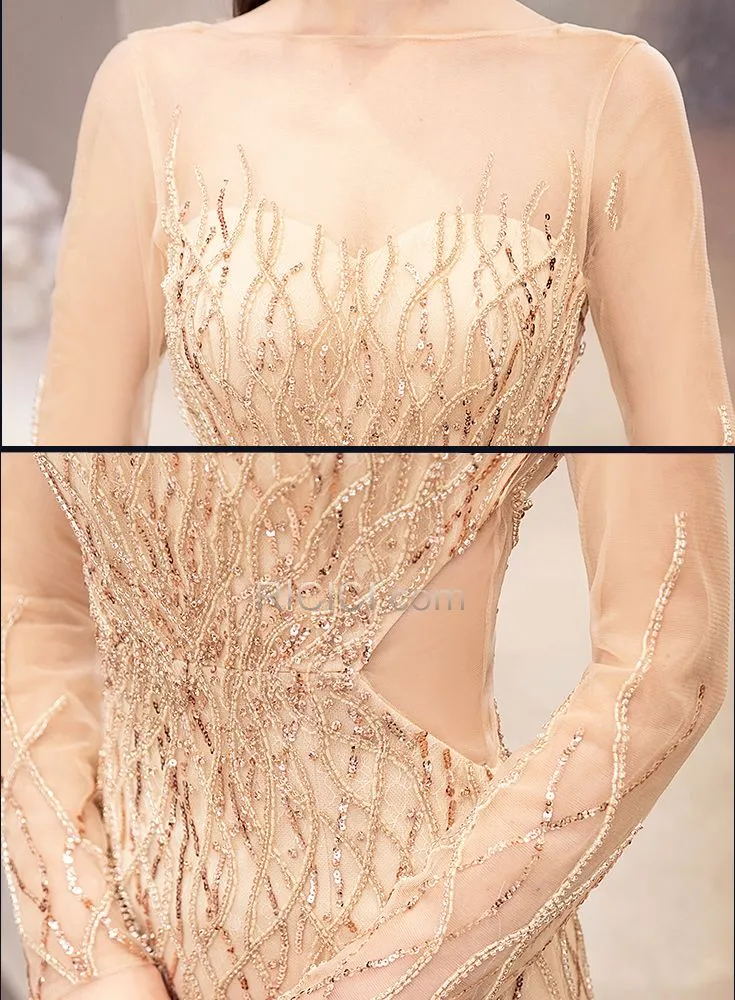 Perlage Sirène Robe Pour Nouvel An Manche Longue Longue Sequin Dorée Scintillante Robe De Soirée