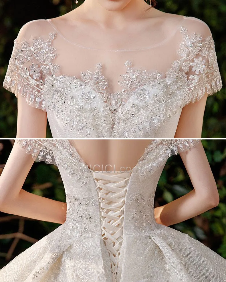 Princesse Belle Perlage À Volants Dos Nu Sequin Avec La Queue Luxe Robe De Mariée Glitter Argenté
