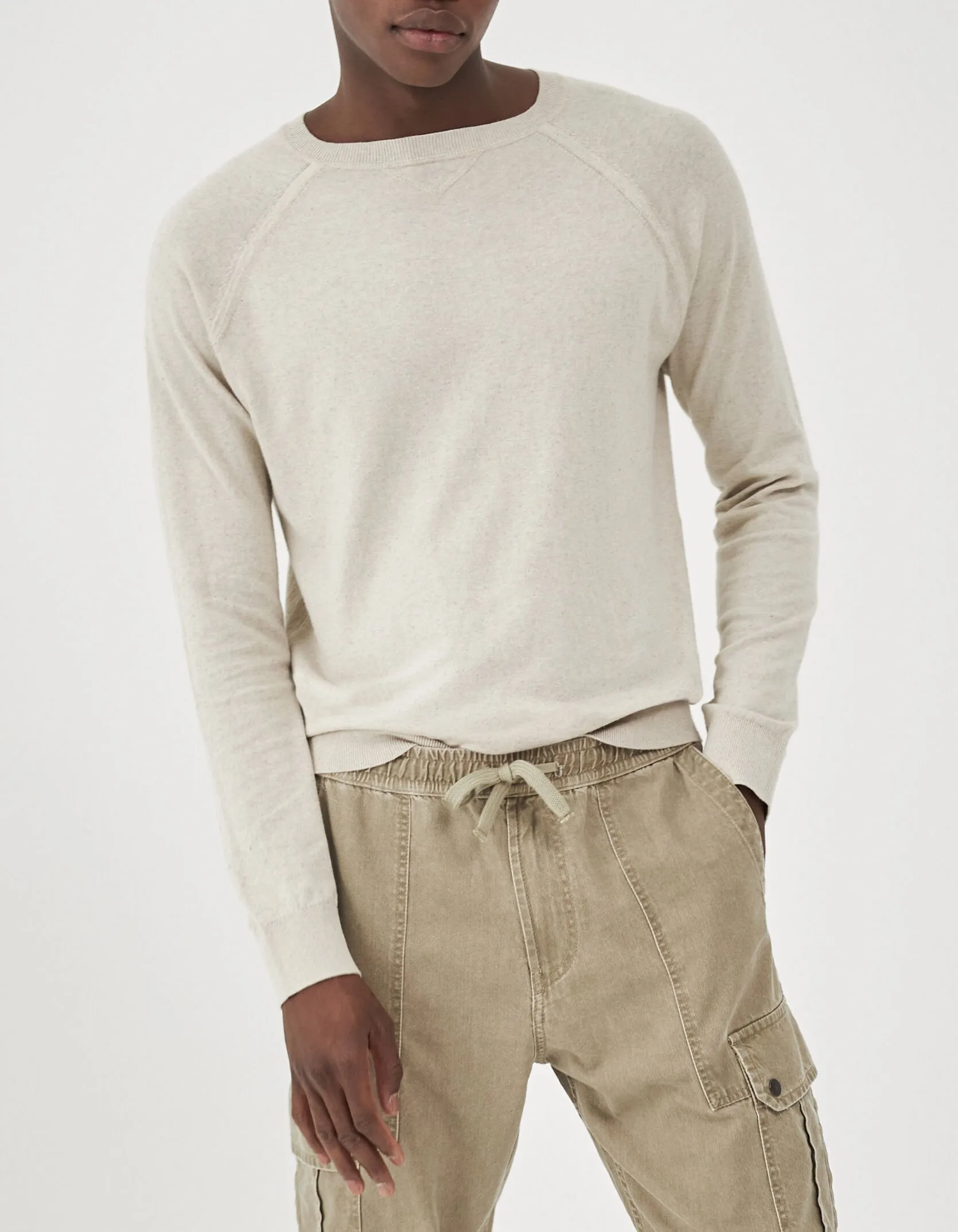 Pull écru tricot coton, chanvre et soie mélangés Homme