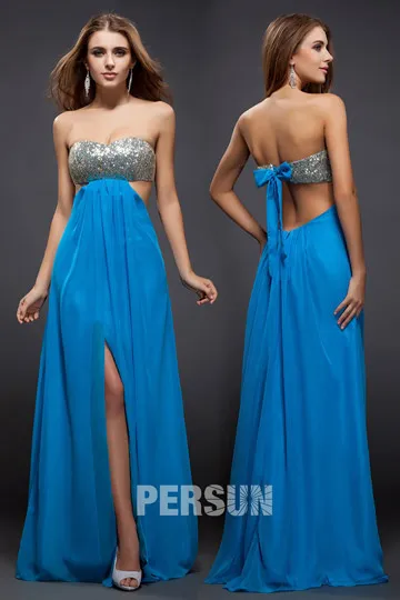 Robe bleu sexy bustier cœur ornée de sequin dos nu & fendue