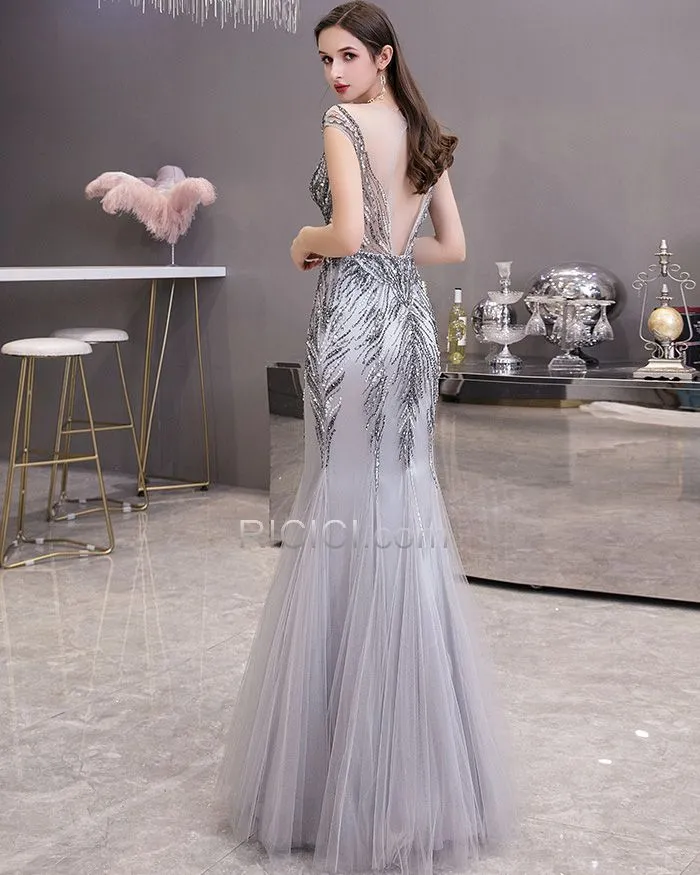 Robe De Bal Grise Robe De Ceremonie Décolleté Robe De Soirée Sequin