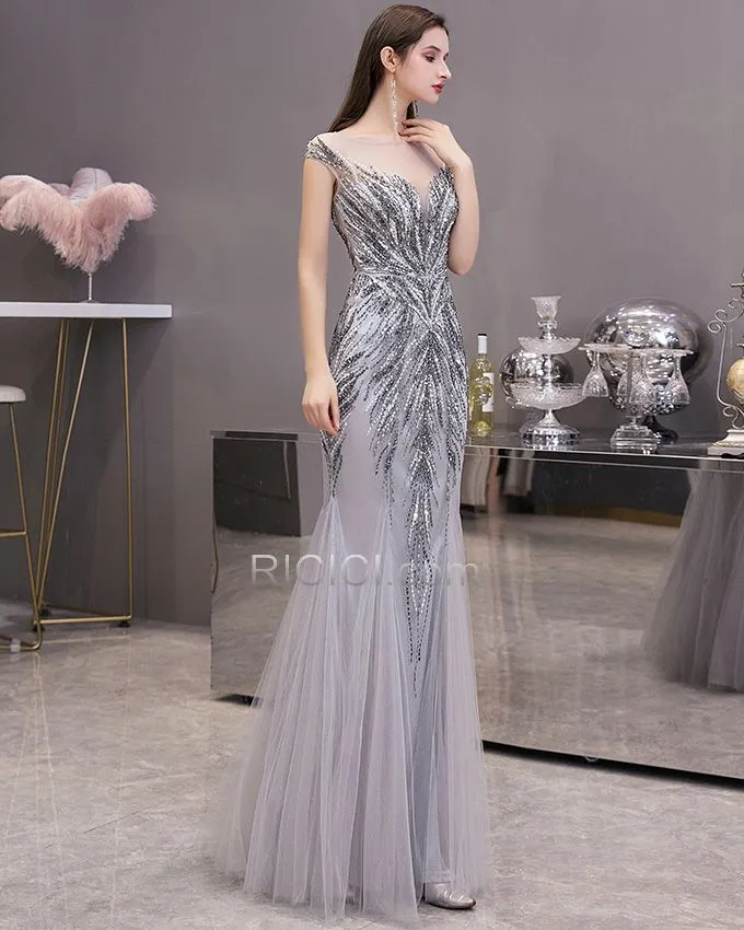 Robe De Bal Grise Robe De Ceremonie Décolleté Robe De Soirée Sequin