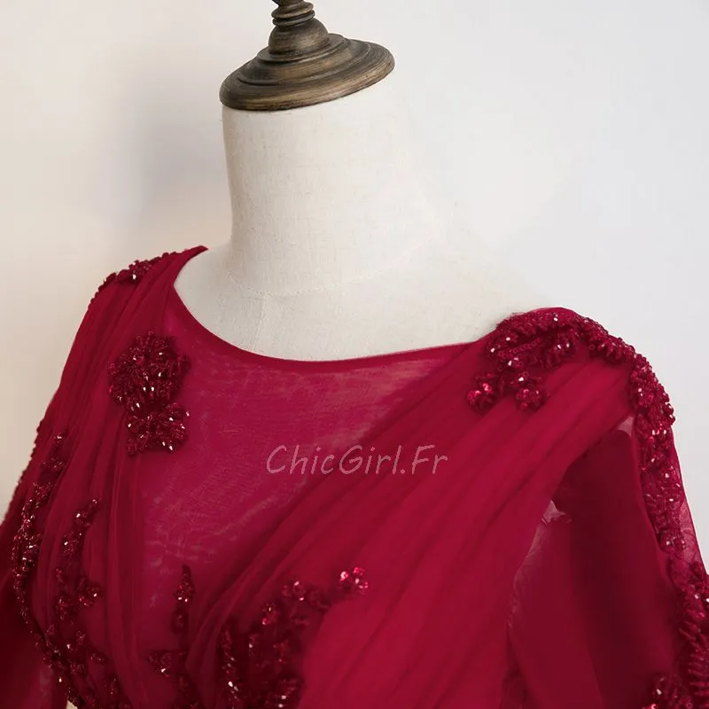 Robe De Bal Princesse Manche 3 4 Longue Bordeaux Tulle Brillante Col Bateau