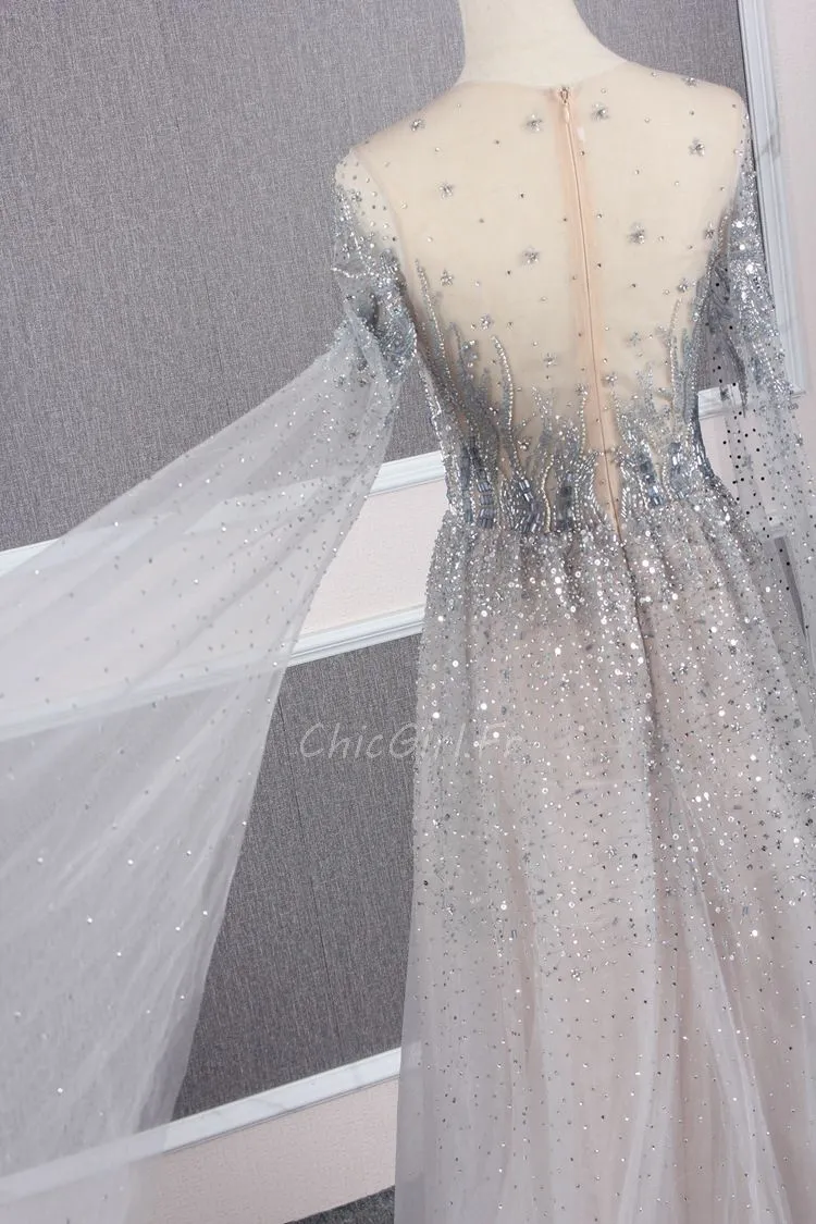 Robe De Soirée Luxe Manche Longue Argentée Tulle Strass Brillante