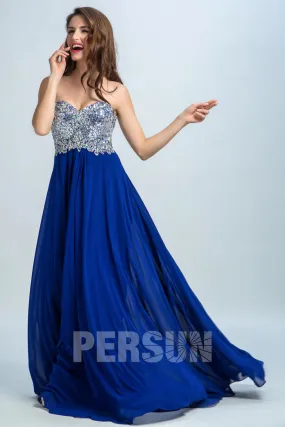 Robe longue chic bleu à bustier coeur en sequin pour fiançailles