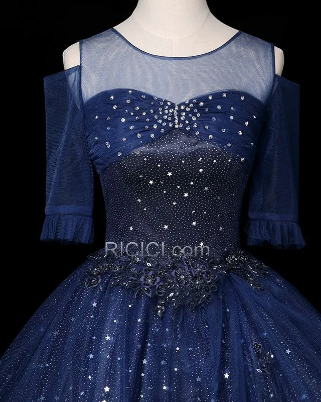 Scintillante Epaule Nu Demi Manche Robe Confirmation Tulle Robe De Bal Sequin Bleu Marine Longue