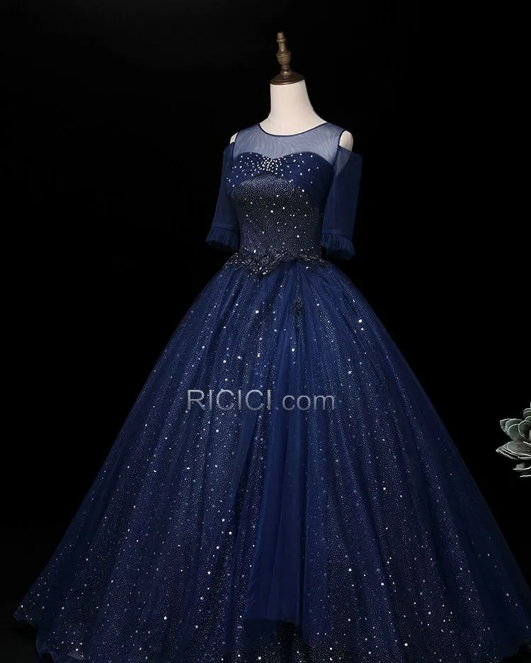 Scintillante Epaule Nu Demi Manche Robe Confirmation Tulle Robe De Bal Sequin Bleu Marine Longue