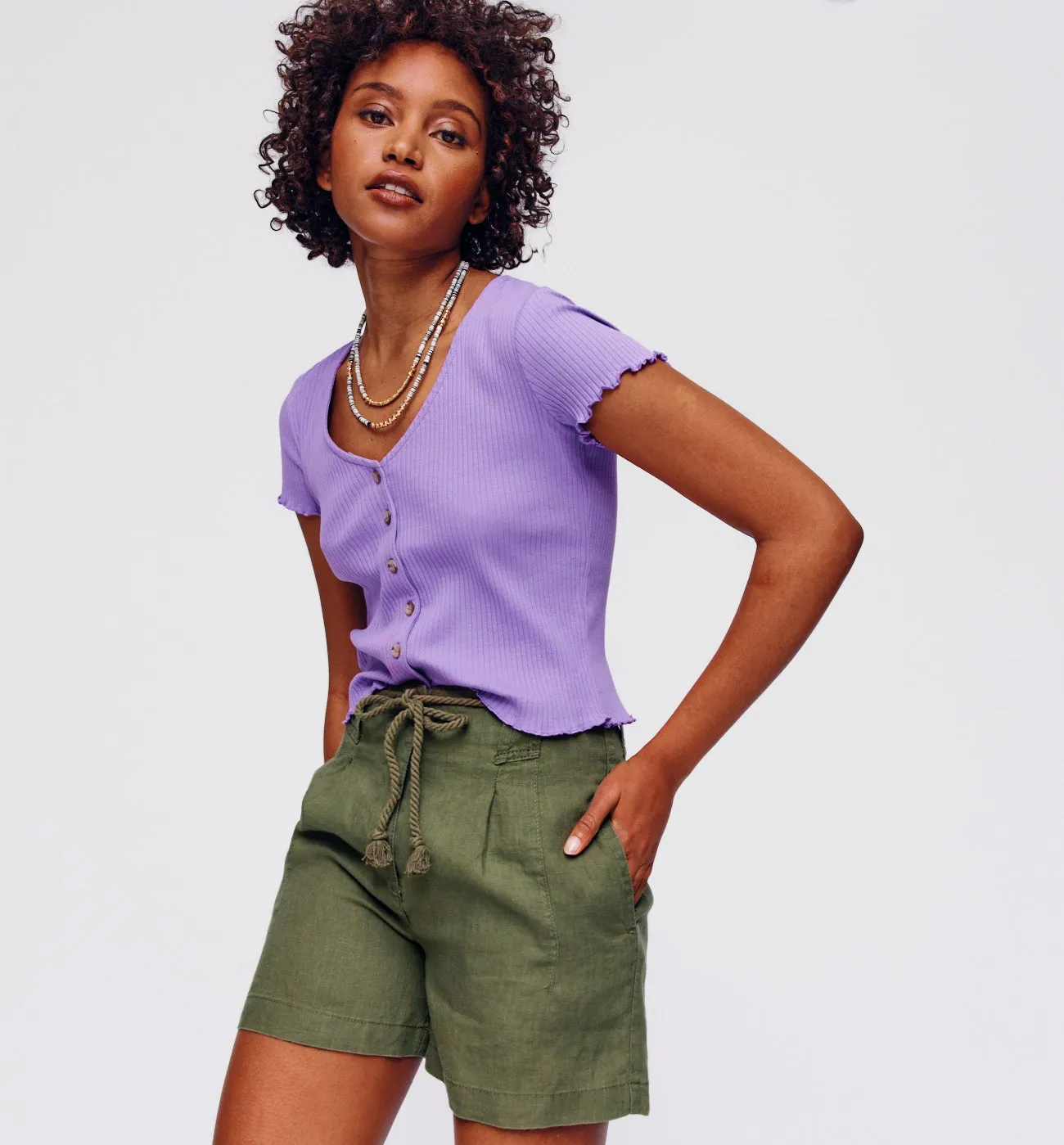 Short taille haute en lin - Mousse