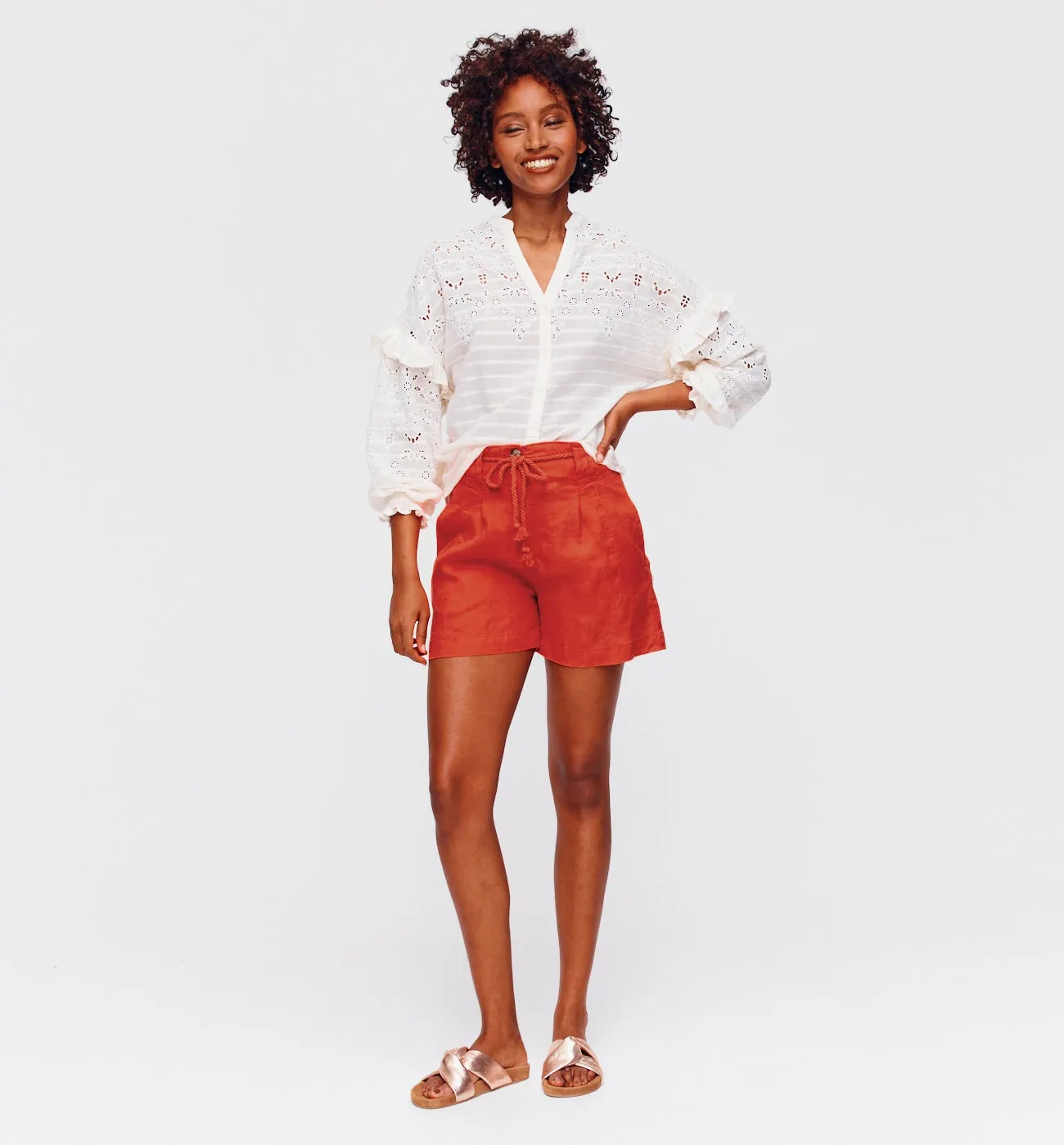 Short taille haute en lin - Orange