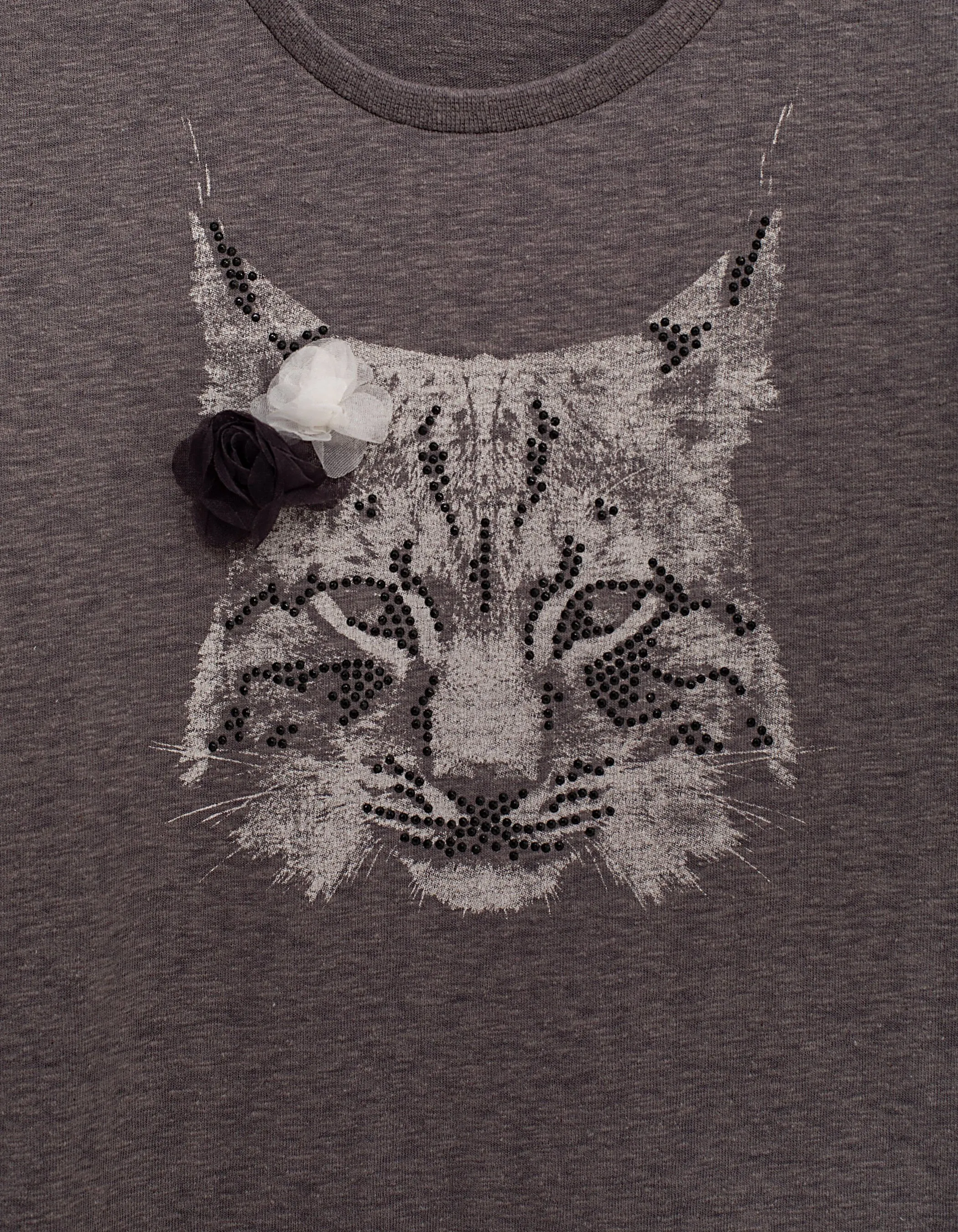 T-shirt gris de lin visuel lynx et fleurs 3D fille