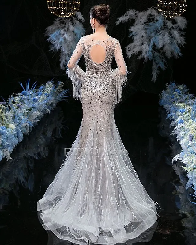 À Frange Longue Robe Soirée Robe Gala Perlage Robe De Fiancaille Argenté Sequin Luxe Dos Nu Brillante